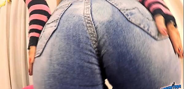  Big-Ass Busty Brunette Milf Wearing Tight Jeans n Tiny Thong